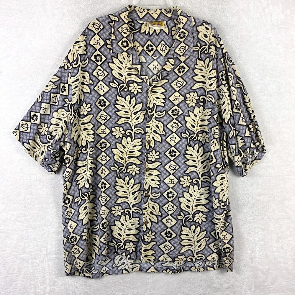VTG Winnie Fashion Hawaiian Shirt Mens 4XL Gray Rayon Leaf Geo Palm AOP Tiki USA